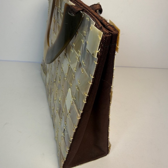 Mother Of Pearl VTG Tile Lucite Handle Top Handle Handbag Purse Small Tote - Picture 6 of 9